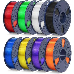 SUNLU PLA Filament 1.75 Bundle, Individually Vacuum Packed, 2kg in Total, 0.25kg per Spool, 8 Pack, Black+Clear+Clear(Red+Green+Blue+Yellow+Purple+Orange)