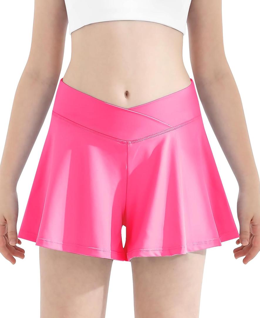 QooNoo Girls Athletic Shorts Flowy Running Shorts with Pockets V Crossover 2 in 1 Girls Tennis Shorts Butterfly Skorts (Pink, S)