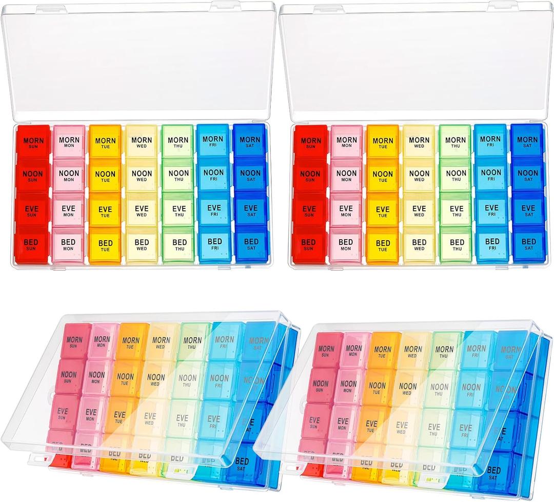 Hsei 4 Pack Pill Organizer Monthly XL Large Weekly Pill Organizer 4 Times a Day Box 7 Day Moisture Proof 4 Weeks Case Large(10.2 x 5.5 x 1.4 Inch)