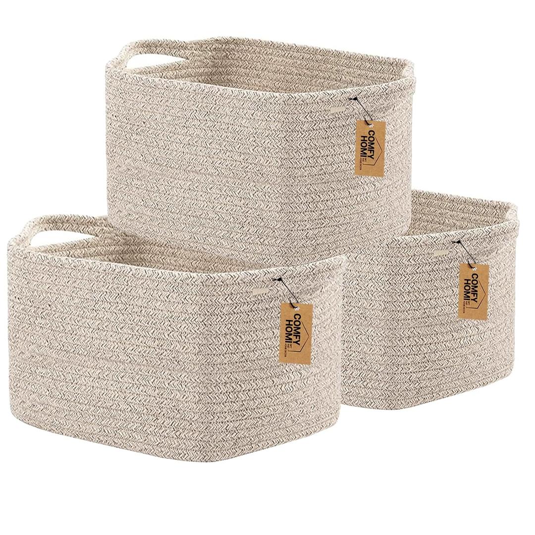 COMFY-HOMI 3PACK Cotton Rope Woven Basket With Handles for Shelves, Toy, Book, Cloth Storage Basket for Organizing|13.5" x 11" x 9.5" Decorative Nursery Cube Bin for Living Roomall brown