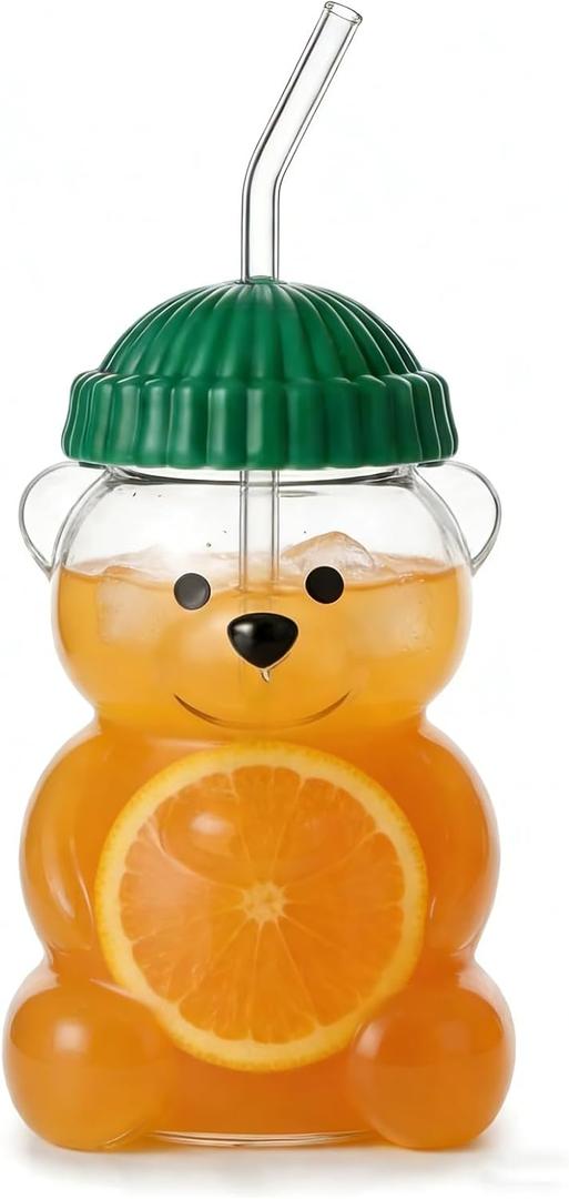 New Glass Bear Cup with Straws and Lids, 20oz Bear Mug High Borosilicate Material for All Beverages Couples and Family/Friends Holiday Birthday Gifts