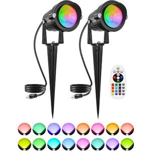 Christmas RGBW Outdoor Spotlights for Yard, 10W Color Changing Landscape Lights with Remote Control 120V LED Landscape Lighting Waterproof Spotlight with Plug Tree Garden Path Decoration(2Pack)
