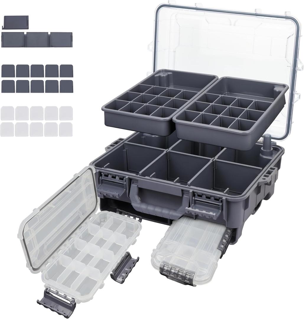 RUNCL Universal Fishing Tackle Box with Two Small Tackle Tray, Removal Inside Design Waterproof Trunk Storage Box, Thicker Floating Airtight Stowaway, Xmas Surprise Fishing Gifts for Men Women (Grey)