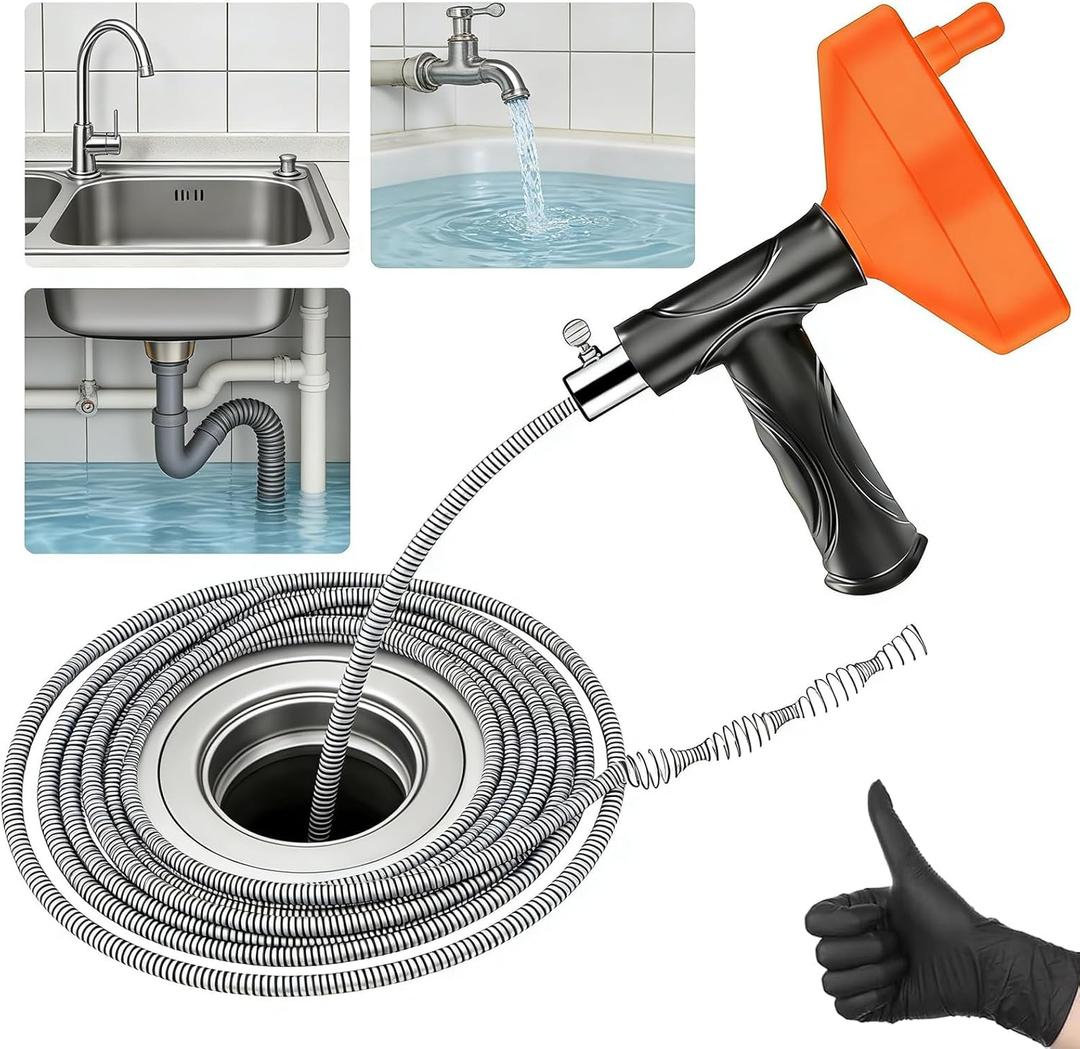 33 Feet Drain Snake Auger, Plumbing Snake Drain Hair Clog Removal Tool, Sink Unclogger Drain, Heavy Duty Toilet Snake Auger, Cleaner Tool for Bathroom Kitchen Tub Shower Drain Clog Remover with Gloves