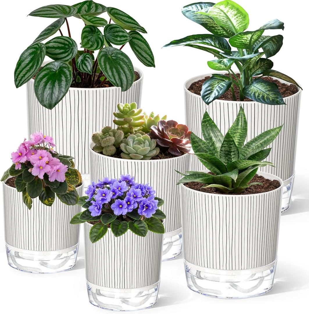 6 Pack Self Watering Pots for Indoor Plants, 4+5.5+6.3 Inch Self Watering Plant Pots Set, Flower Pots with Wick Rope and Reservoir for African Violet, Spider Plant, Orchid (2s+2m+2l, 6pcs Black Stripes)