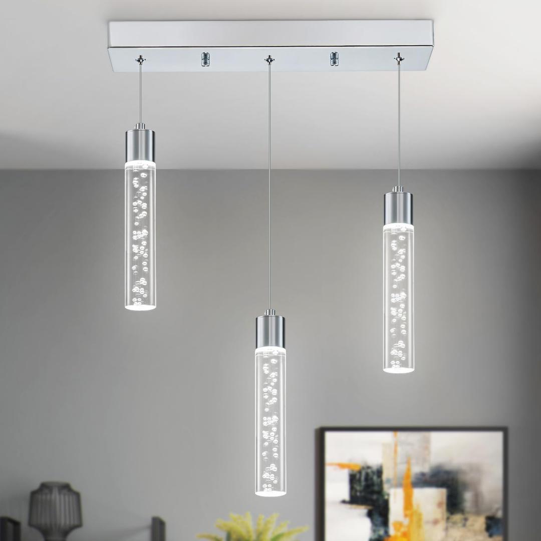 Pendant Lights LED Kitchen Island Hanging Light Fixture, Dining Room Light Fixture(Chrome 3-Light 6000K 20W)