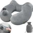 1 Pack Inflatable Travel Neck Pillow with Compact Bag and Washable Cover for Sleeping Airplane Soft Velvet Pillow for Long Flight Neck Cushion for Head Support Car Home Office (Grey 1pack)