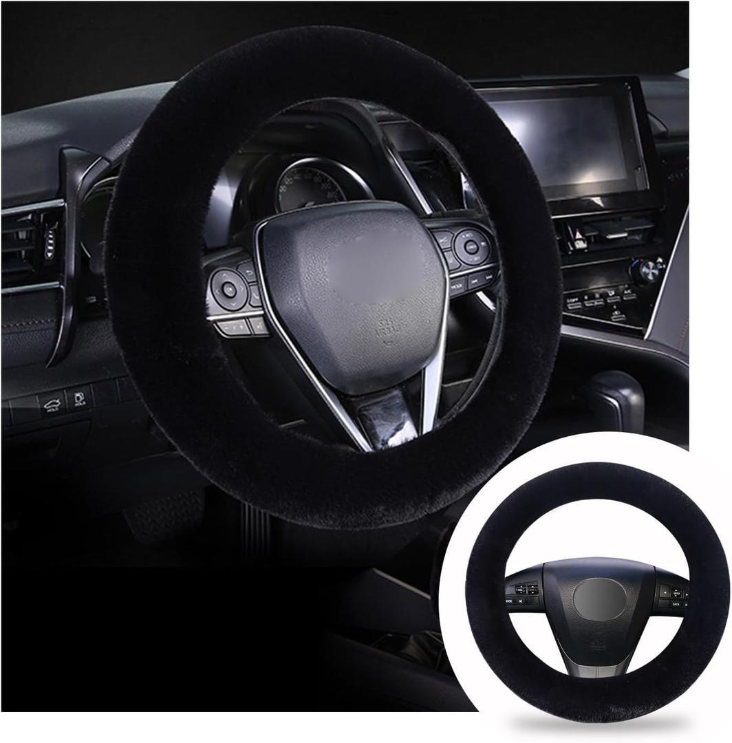 Ziciner Fuzzy Steering Wheel Cover, 15 inch Soft Wool Fur Steering Wheel Protector, Fluffy Wheel Covers for Winter Warm, Car Interior Decoration Accessories for Women Men (Black)