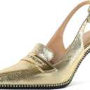 SAMMITOP Women's Sling back High Heel Pumps 3.5" Stiletto Pointed Toe Beaded Pumps Slip On Loafers Heels Elegant Dress Shoes (9, Gold)