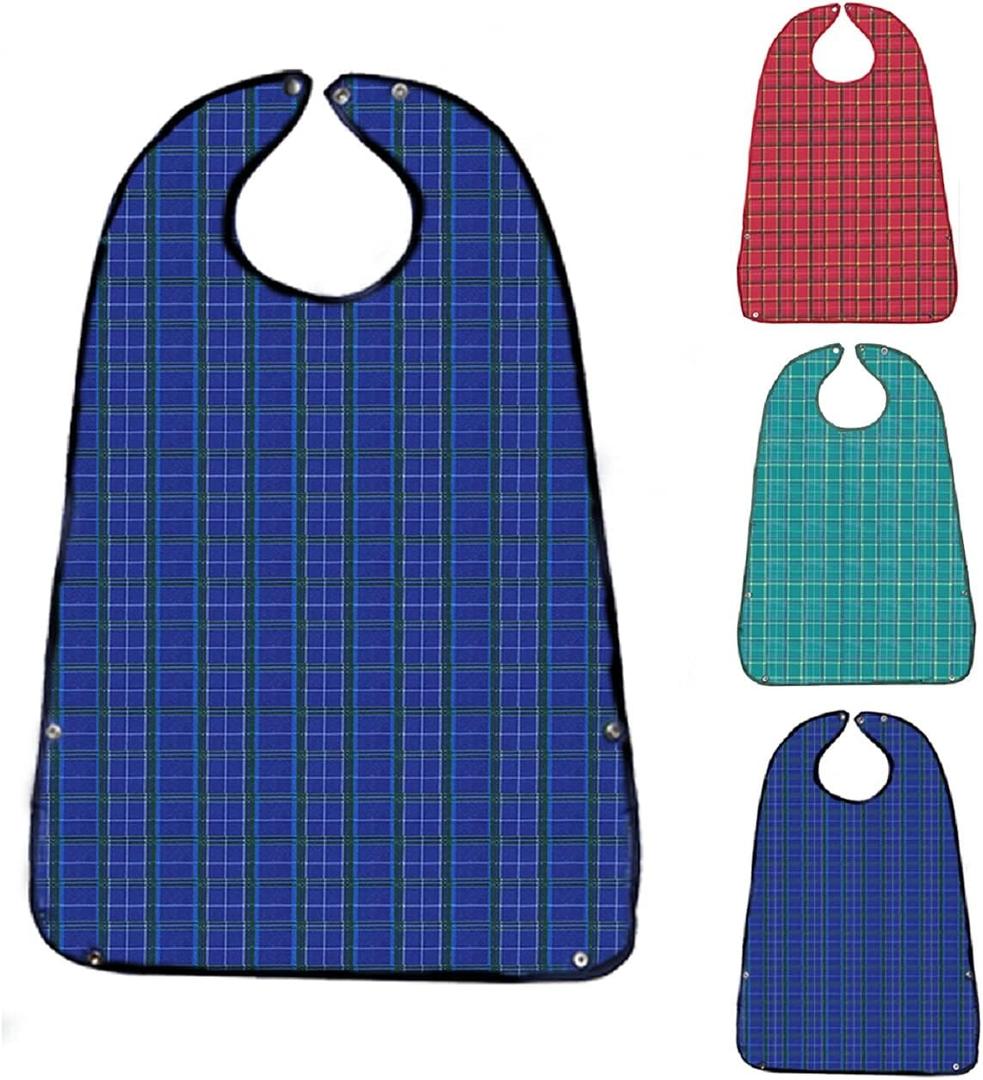 3 Pack Adult Bibs for Eating, Waterproof Clothing Protector with Crumb Catcher, Machine Washable Adult Bibs for men/women (Red-snap)