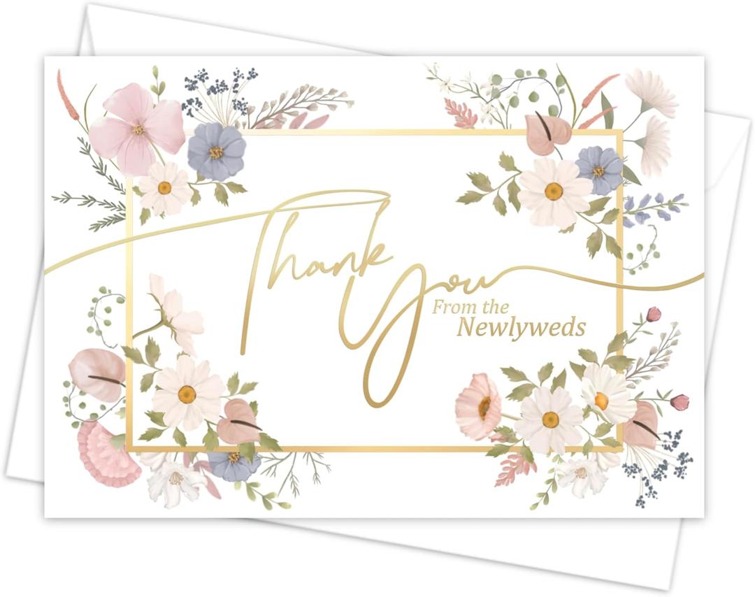Honeyplum Wedding Thank You Cards - Bulk 48 Card Set - Floral Design With Stylish Envelope Printing - Sized 3.5 x 5 Inches