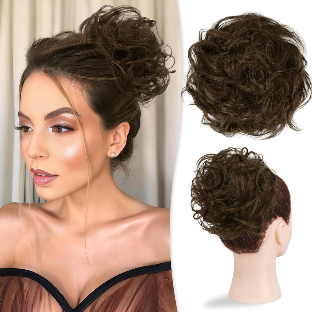 RUWISS Large Messy Bun Hair Piece for Women 100% Human Hair Layered Wavy Curly Hair Buns Thick Updo Hairpiece for Daily Wear Scrunchies Ponytail Extension (Natural Medium Brown)