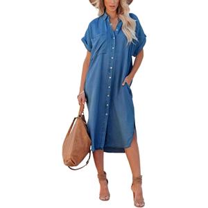 Chouyatou Women's Summer Loose Hand Pocket Midi Long Tunic Denim Shirt Dress (Large, Dark Blue)