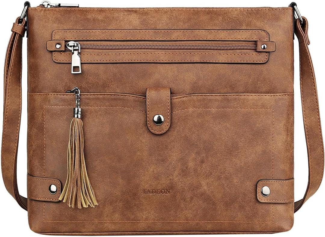 FADEON Large Crossbody Purses for Women Crossbody Bag, Designer Leather Cross Body Purses Multi Pocket Shoulder Bag (Brown)