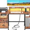 Furologee 51" Computer Desk with Power Outlet and LED Lights, Reversible Home Office Desk with File Cabinet & Monitor Stand, Large Gaming Table with Storage Shelves & Drawer, Rustic Brown