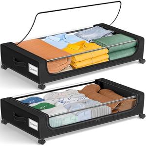 Vincona Under Bed Storage with Wheels: XXL Underbed Storage Containers with Clear Lids - Rolling Drawers & Bins for Shoes Clothes in Dorm Bedroom - Space-Saving Easy Pull-out Black 2-Pack