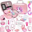 Pretend Makeup for Toddlers, Kids Pretend Play Makeup Set for Little Girls, Fake Toy Makeup Set with Purple Cosmetic Case & Jewelry Set, Birthday for Kids Girls 3 4 5 6 7 8+