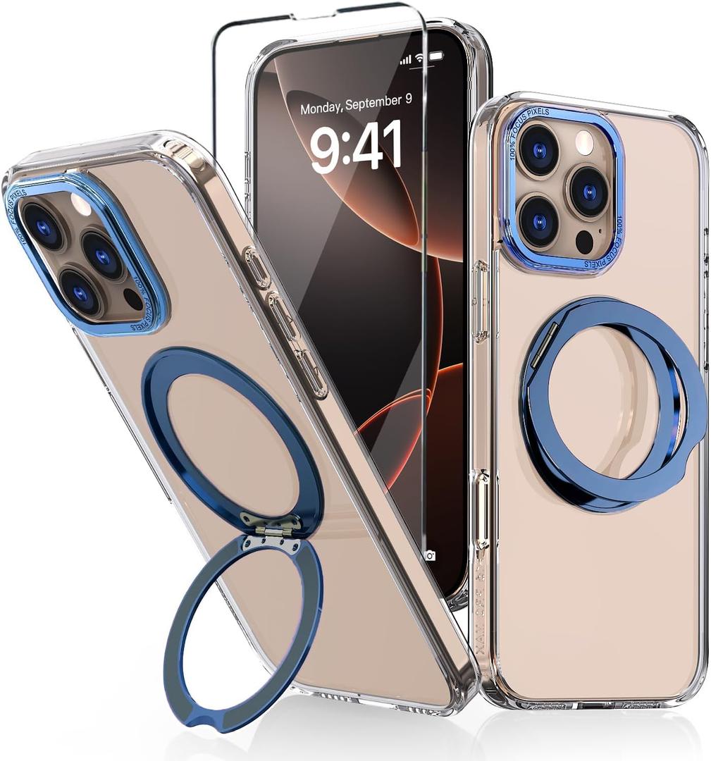 for iPhone 16 Pro Clear MagSafe Case with 360 Rotatable Magnetic Stand Ring [16ft Protection] Scratch Resist Anti Yellow Slim Transparent Case 1 Screen Protector for iPhone 16 Pro 6.3"(Blue)