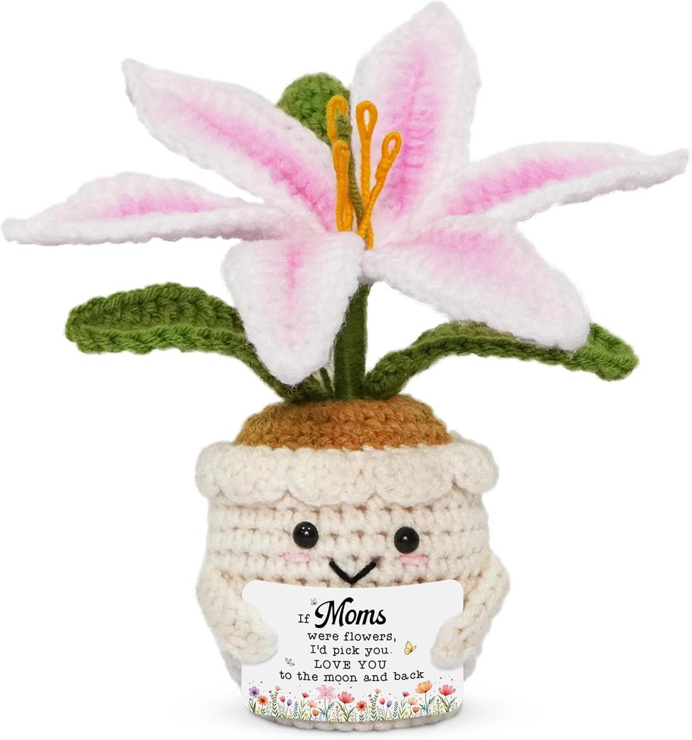 OASSIE Gifts for Mom - Emotional Support Crochet Lily Flower - Proud of You Motivational Positive Mothers Day Birthday Gifts for Mom from Daughter Son, Mother Gift, Mama Gift