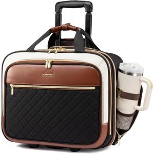 LOVEVOOK Rolling Laptop Bag Women, 17.3 Inch Laptop Briefcase with Wheels, Soft Sided Underseat Carry On Luggage Personal Item Suitcase for Work Travel Business, Black Brown Beige