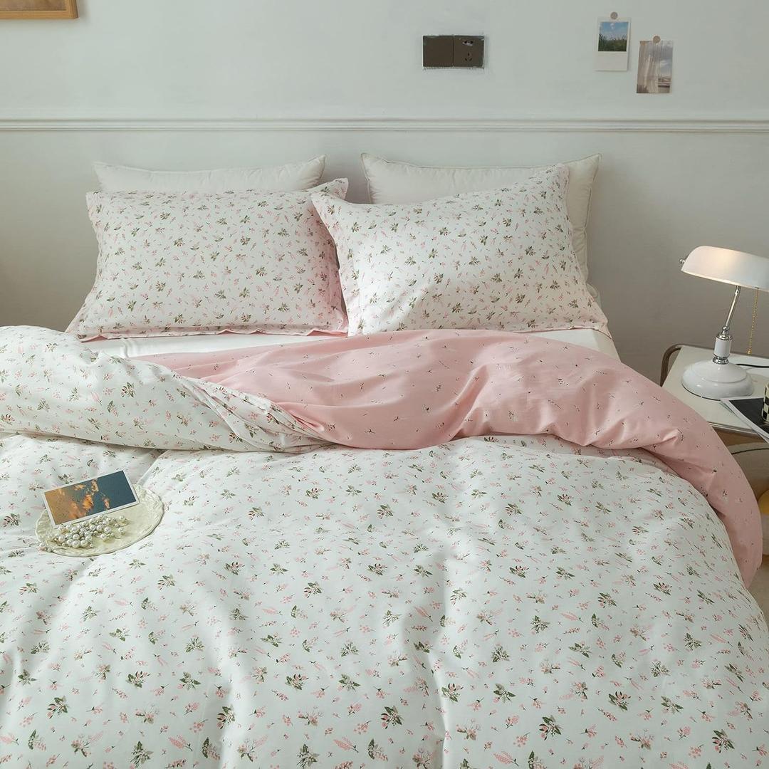 AMWAN Pink Floral Duvet Cover Full Size Cotton Garden Bedding Sets Kids Girls White Comforter Aesthetic Botanical Vintage Flower Print with Zipper Ties, Full (80''x90'')