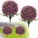 Artificial Boxwood Topiary Trees with Roses, 2 Pack Lifelike Evergreen Shrubs Featuring Ground Spike, Artificial Plants UV Protected for Year-Round Beauty in Indoor Outdoor Gardens and Porches