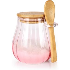 Arrozon 15 oz Pink Sugar Bowl with Bamboo Lid and Spoon,Pink Kitchen Decor and Accessories,Glass Jar with Airtight Lid, Brown Sugar Keeper, Sugar Container for Coffee Bar and office