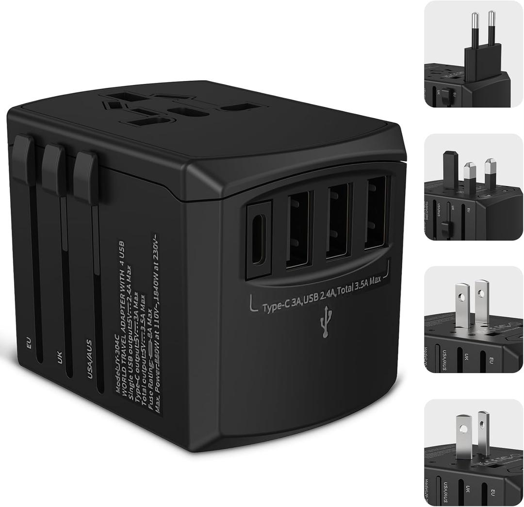 Universal Travel Adapter, International Power Plug Adapter with 3 USB-A and 1 USB-C Ports, Worldwide Travel Essentials AC Outlet Converter Wall Charger for US Europe UK AUS (Type C/G/A/I)