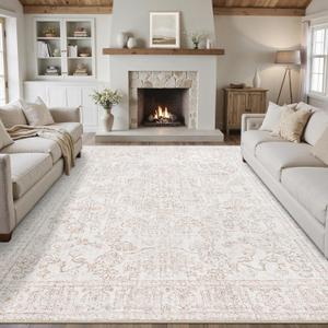 8x10 Area Rugs for Living Room Vintage Washable Rugs Brown Boho Floral Medallion Print Low Pile Non Slip Carpet Distressed Throw Rug for Bedroom Office Dining Kitchen Laundry Room 