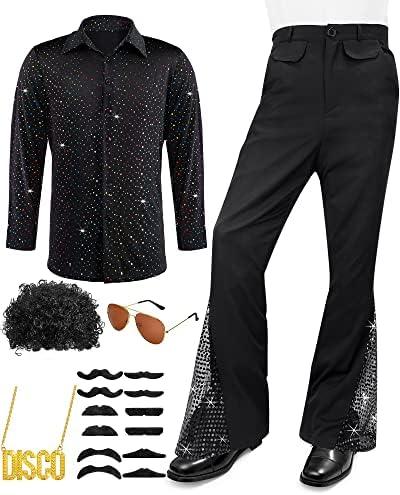 Mepase 2 Pcs Mens 70s Disco Outfits Retro New Year Eve Couples Halloween 80s Costume with Bell Bottom Pants, M