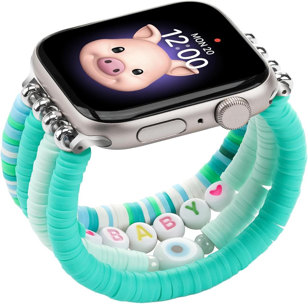 Beaded Bracelets Compatible with Kids Apple Watch Band  44mm 45mm 46mm 49mm, Cute Stretchy Strap for iWatch Series 10 9 8 7 6 5 4 3 SE SE2 for Girls Boys and Small Wrists (Teal)