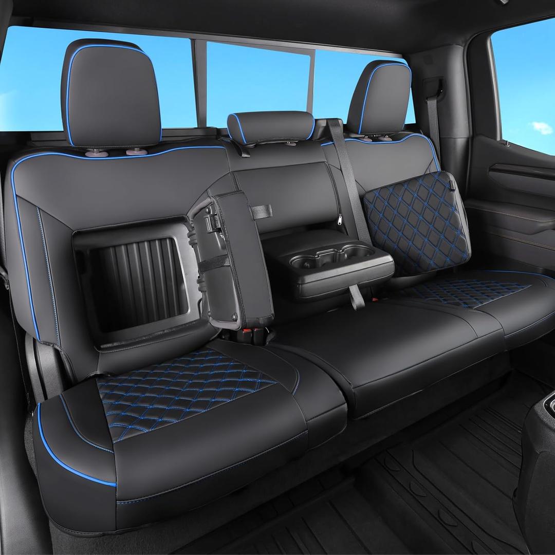 Fit for Silverado & GMC Sierra Seat Covers with Faux Leather for 2019 2020 2021 2022 2023 2024 2025 Chevy Silverado & GMC Sierra 1500 & 2020-2025 2500HD 3500HD (Black with Blue, Full Set (SG-A))
