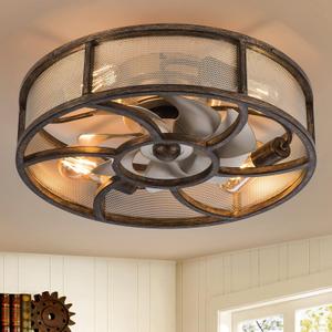 Caged Ceiling Fan with Light Remote Control, 21'' Low Profile Bladeless Enclosed Fan, 6 Speeds Reversible with 5 Bulbs, Rustic Farmhouse Ceiling Fan for Bedroom, Kitchen (Gold)