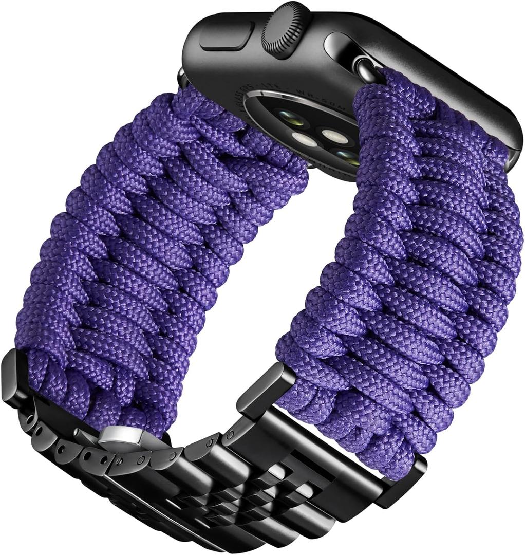 BINLUN Compatible with Apple Watch Band 49mm 46mm 45mm 44mm 42mm 41mm 40mm 38mm Braided Paracord Stainless Steel Sport Watch Strap Fit for iWatch Ultra Series 10/9/8/7/SE2/SE/6/5/4/3/2/1 for Men Women (Purple-Black)