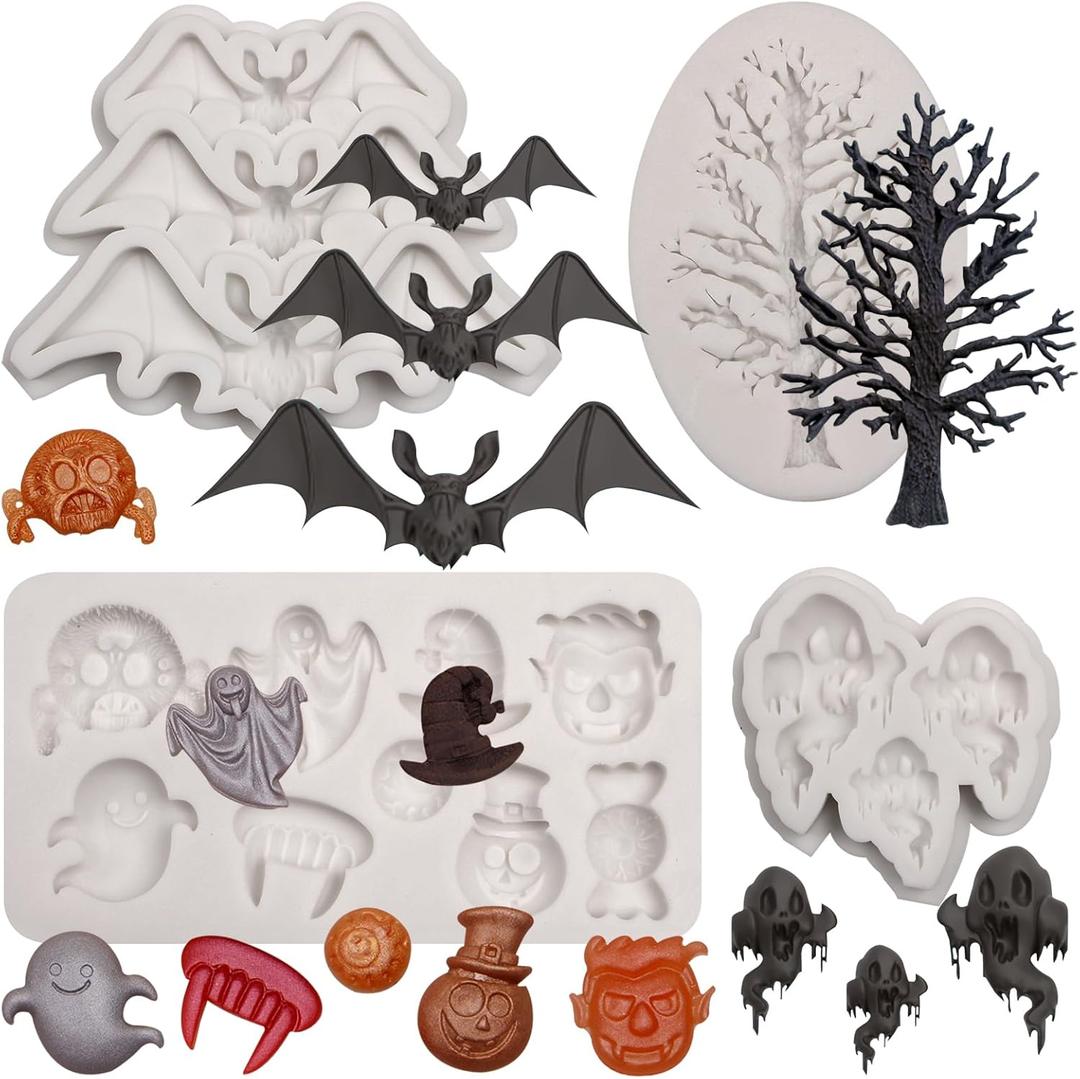 Halloween Bat Chocolate Molds, Ghost Skeleton Eyeball Witch Hat Silicone Molds, Specter Dead Tree Fondant Molds for Baking Cake Decoration Cupcake Topper Candy Plaster Clay Resin Set of 4 (LC130)