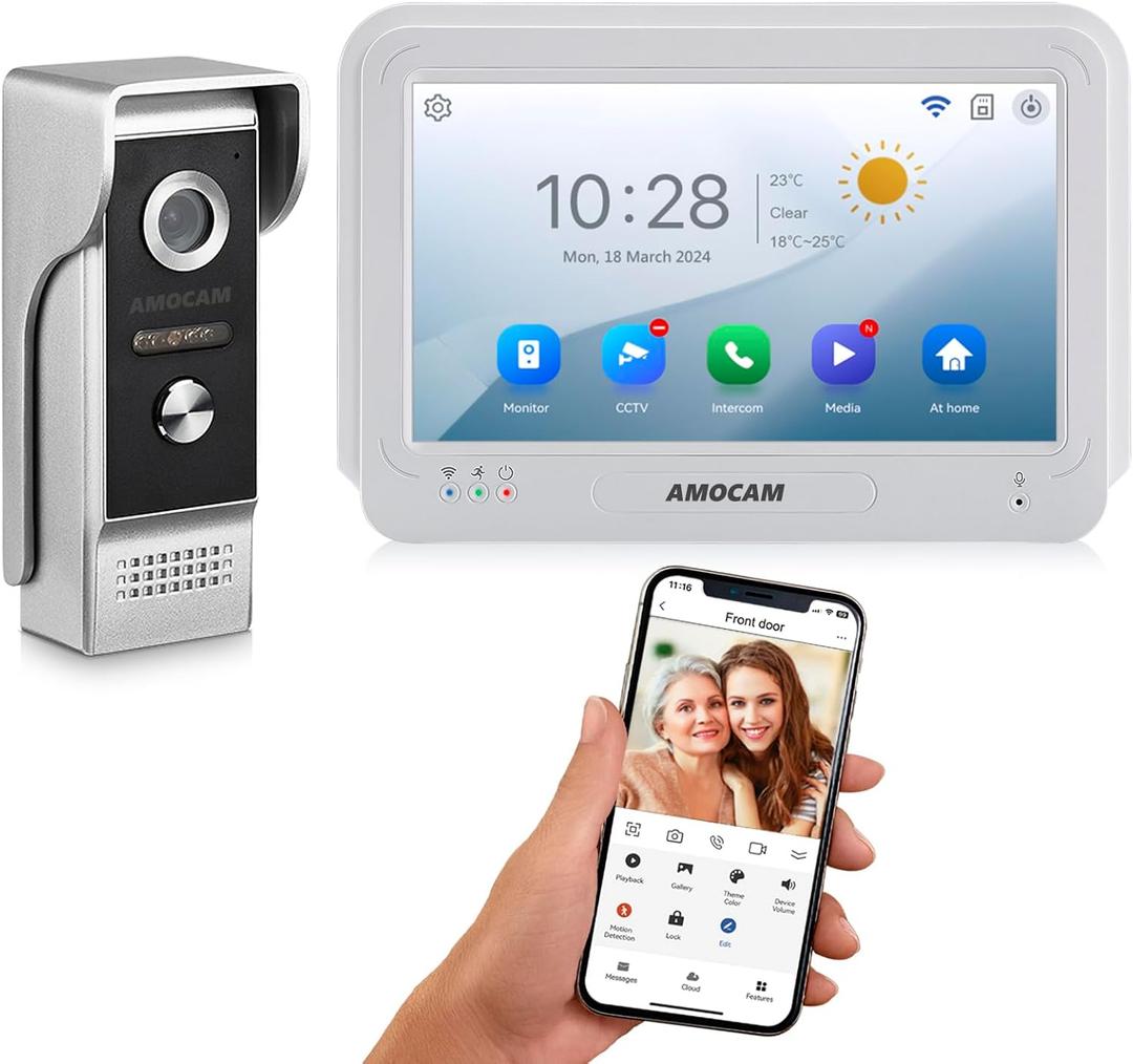Wireless WiFi Video Doorbell Intercom System, 1080P Video Door Camera with Monitor, 7 Inch Touch Screen Video Door Phone, No Monthly Fees, Tuya APP Remote Intercom (Wired Power)