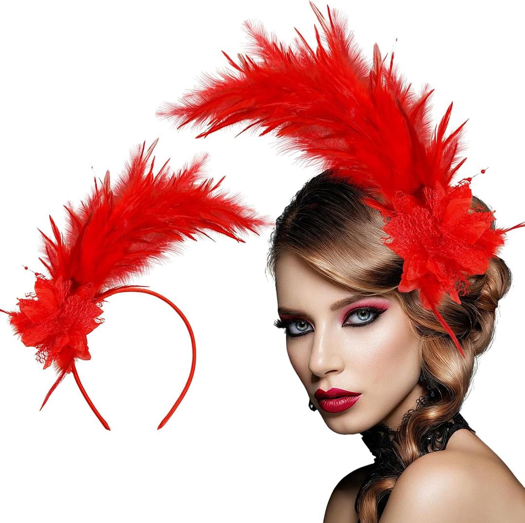 Loieryk Feathers Fascinator Headband 1920s Queen Headpiece Fascinators Hats for Women Tea Party Flower Headpiece (Red)