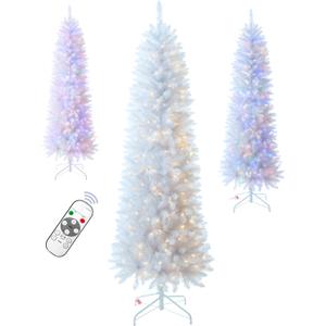 6FT Pre-lit Pencil White Christmas Tree Spruce with Remote Control, 250 Warm White Multi-Color Lights, Artificial Hinged/Slim/Skinny/Feel Real/Realistic for Home, Holiday Decoration 6 Feet