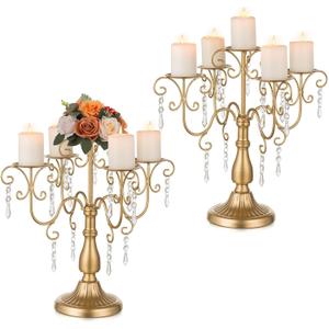 Sziqiqi Gold Candelabra Candle Holder - 5 Arm Pillar Candle Holders with Crystal Beads for Christmas Table Centerpiece Halloween Wedding Candleholders Decoration Set of 2