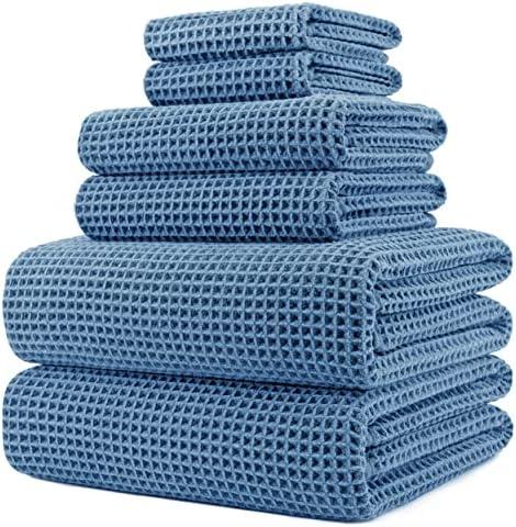 POLYTE Oversize, 60 x 30 in., Quick Dry Lint Free Microfiber Bath Towel Set, 5 Piece (Waffle Weave), Blue