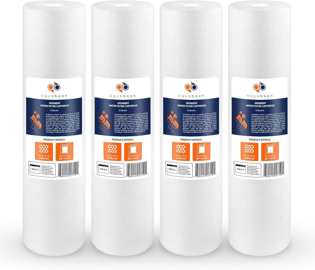 Aquaboon 5 Micron 20 x 4.5 Whole House Sediment Filter Cartridge 20 inch Water Filter Replacement Compatible with DGD-5005-20, FP25B, AP810-2, 4-Pack
