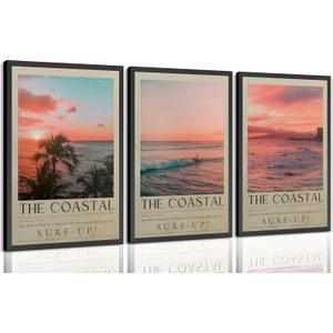 3 x 3Pcs Vintage Coastal Surfing Wall Art , Beach Sunset Canvas Poster 12x16 In, 12W"x16L"