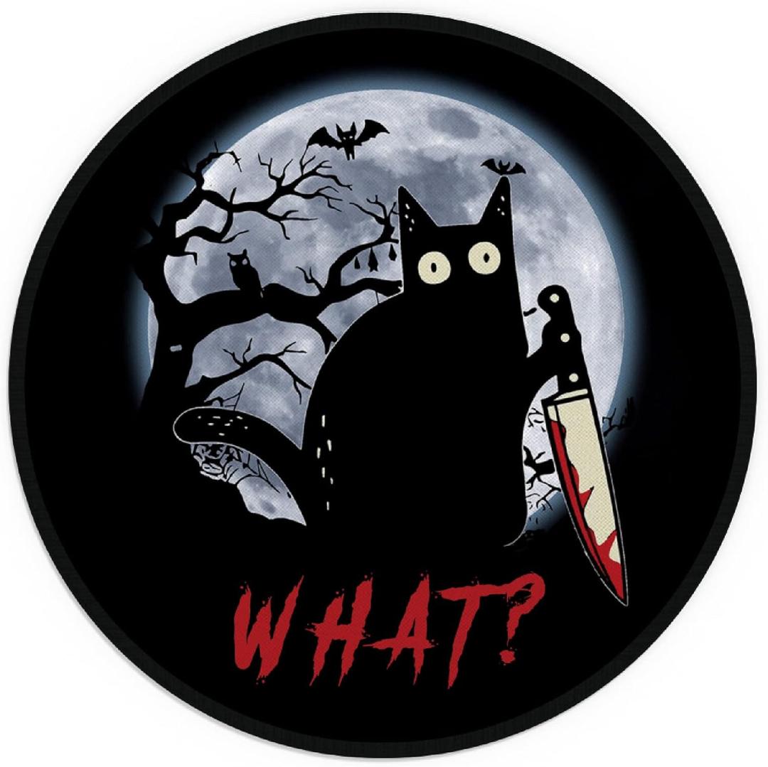 Black Murderous Knife Cat What Round Gaming Mouse Pad 7.97.9,Funny Sneaky Cat Thrill Cat Printed Non-Slip Rubber Base Mouse Mat for Office Playroom Dorm, Gift for Friends Teens