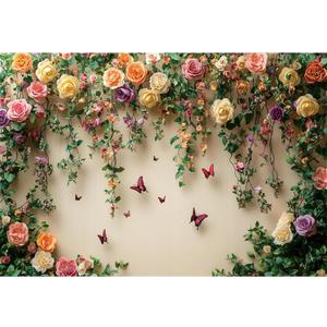 10x8ft Flowers Wall Photography Background Butterfly Spring Floral Botanical Banner Backdrop Vintage Wedding Birthday Backdrop Decorations Girls Party Table Cake Decoration Photo Props
