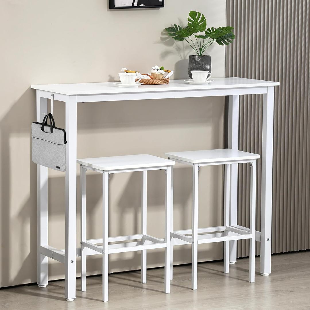 Finnhomy 47" Industrial Bar Table Set with 2 Stools - Counter Height Dining & Pub Table for Small Spaces, Kitchen, Apartment, Breakfast Nook - Metal & Wood, Space-Saving Furniture - White (47" Bar Table, White)