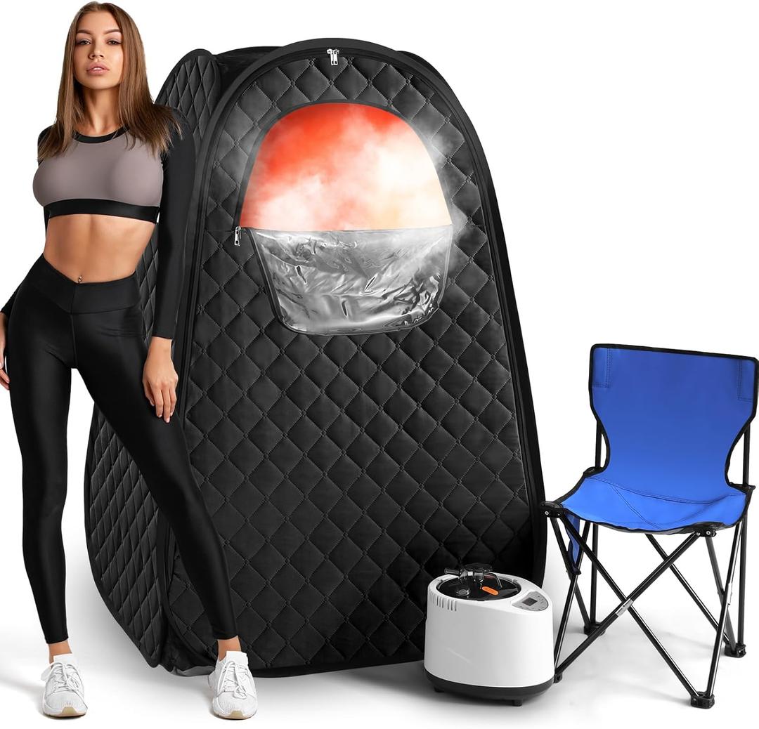 Single Person Sauna, Portable Steam Sauna Full Body for Home Spa, Sauna Tent with Steamer 2.6L 1000W Steam Generator, 90 Minute Timer, Chair, Remote Control Included(Black)
