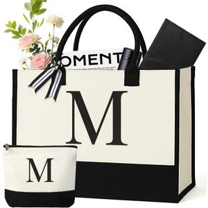 Personalized Canvas Tote Bag for Women Makeup Pouch Initial Beach Bag Removable Bottom Board for Travel Birthday