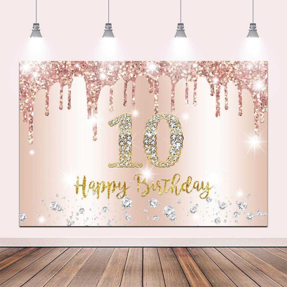 10x8ft Happy 10th Birthday Backdrop Rose Gold 10 Years Old Birthday Backdrop Banner for Women, 10th Birthday Party Suppiles Photography Background, Pink 10th Old Bday Poster Photo Decor
