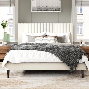 King Size Bed Frame with Velvet Upholstered Headboard, Platform Bed with Strong Wood Slats, Mattress Foundation, Box Spring Optional, Easy Assembly, Beige