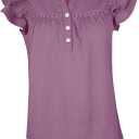 Orchidays Women's V Neck Lace Crochet Shirts Short Sleeve Button Down Casual Solid Blouse Tops (L)